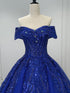 Blue Ball Gown Tulle and Beaded Long Formal Dress, Blue Tulle Sweet 16 Dress